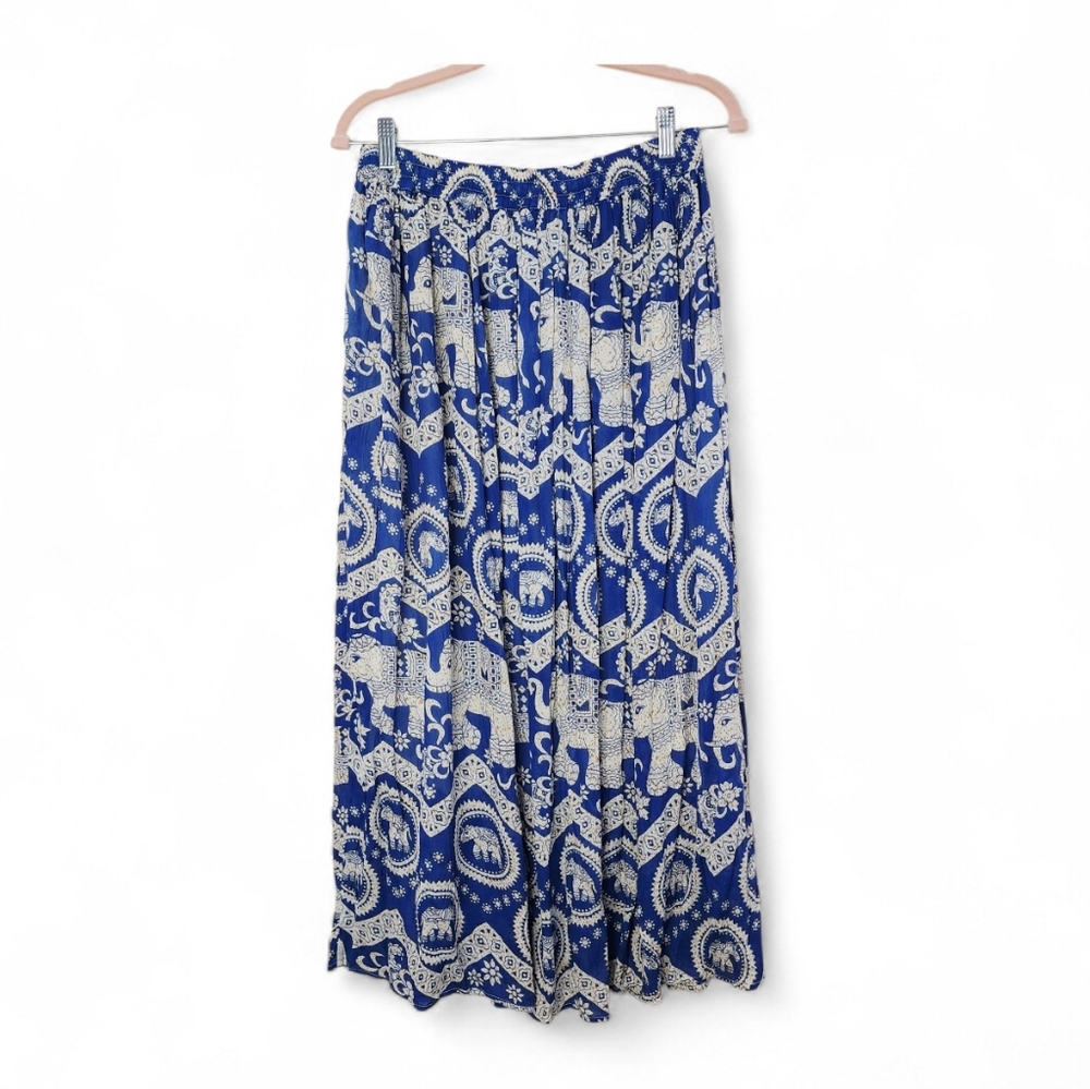 Gypsie Blu Blue White Elephant Print Boho Maxi Skirt Size M Viscose Festival